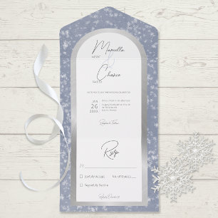 Modern Dusty Blue & Snow Silver Foil No Dinner     All In One Invitation