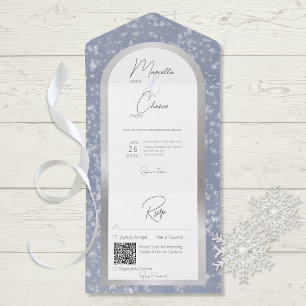 Modern Dusty Blue & Snow Silver Foil QR Code All In One Invitation