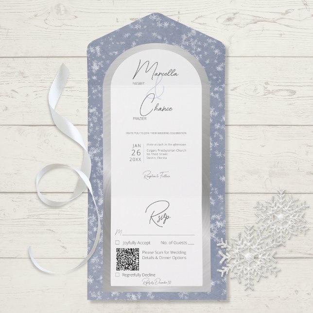Modern Dusty Blue & Snow Silver Foil QR Code All In One Invitation (Creator Uploaded)