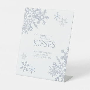 Modern Dusty Blue Snowflake Winter How Many Kisses Pedestal Sign