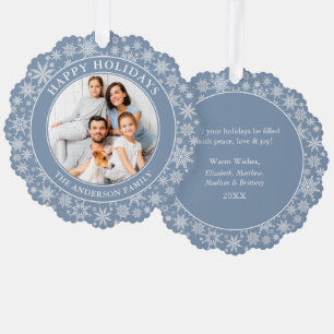 Modern Dusty Blue Snowflakes Happy Holidays Photo Tree Decoration Card