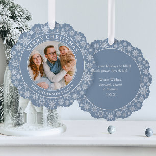 Modern Dusty Blue Snowflakes Merry Christmas Photo Tree Decoration Card