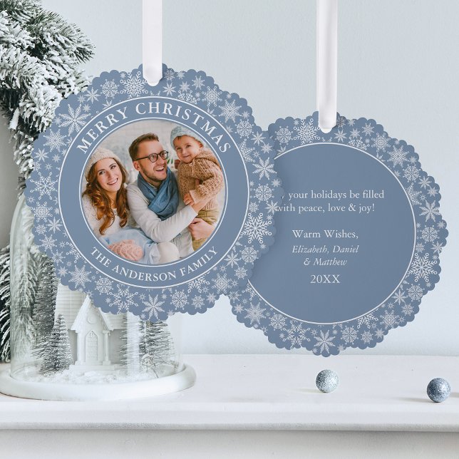 Modern Dusty Blue Snowflakes Merry Christmas Photo Tree Decoration Card (A greeting card that is also an ornament! Customize with your photo and personalized text.)