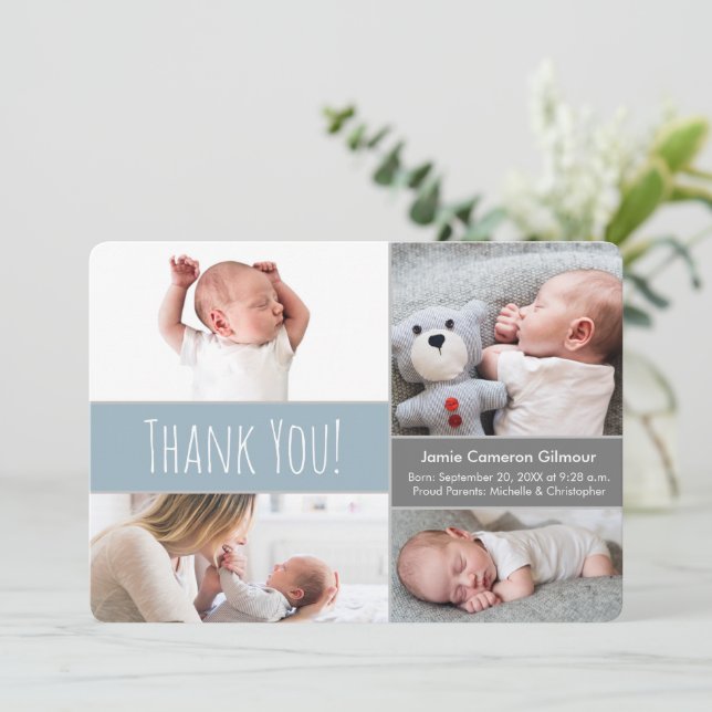 Modern Dusty Blue Soft Grey Welcome Home Baby Thank You Card (Standing Front)