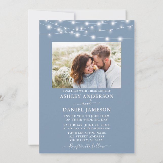 Modern Dusty Blue String Lights Photo Wedding Invitation (Front)