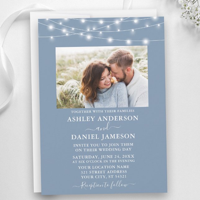 Modern Dusty Blue String Lights Photo Wedding Invitation (Customize to add more text to back of card.)