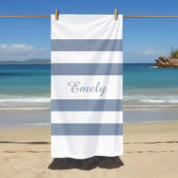 Modern Dusty Blue Striped Beach Towel
