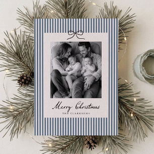 Modern Dusty Blue Striped Photo Christmas Card