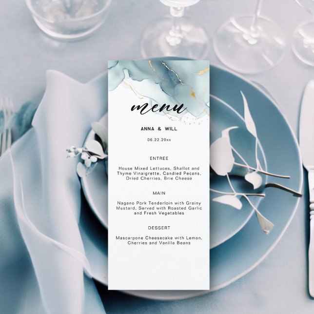 Modern Dusty Blue Summer Beach Romantic Wedding Menu (dusty blue gold modern beach wedding menu elegant bohemian romantic chic summer classy simple)