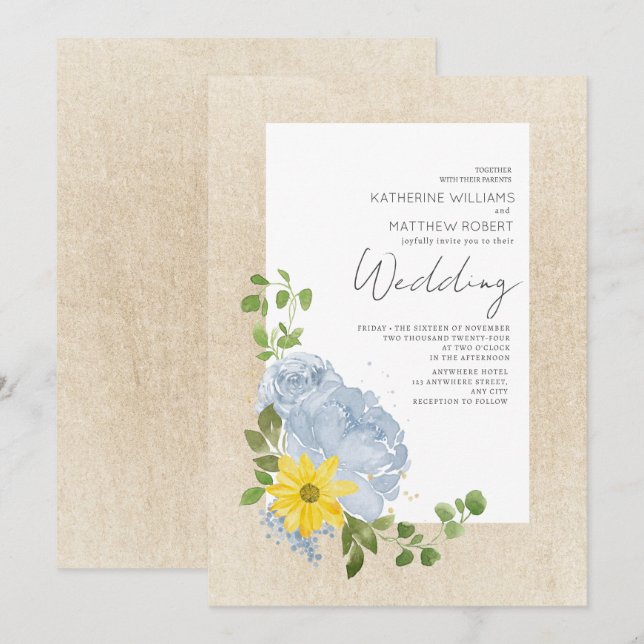 Modern Dusty Blue Sunflower Floral Boho Wedding  Invitation (Front/Back)
