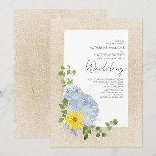 Modern Dusty Blue Sunflower Floral Boho Wedding  Invitation