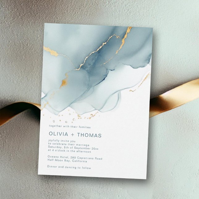 Modern Dusty Blue Teal Ocean Waves Beach Wedding Invitation (dusty blue teal beach wedding invitation gold ocean waves modern romantic elegant bohemian boho chic)