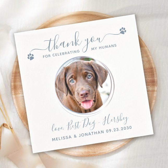 Modern Dusty Blue Thank You Dog Photo Pet Wedding Napkin (Creator Uploaded)