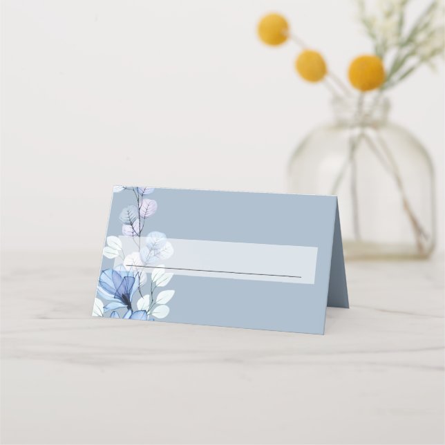 Modern Dusty Blue Transparent Floral Wedding Place Card (Front)
