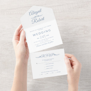 Modern dusty blue typography on white wedding all in one invitation