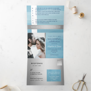 Modern Dusty Blue Typography Wedding Tri-Fold Invitation