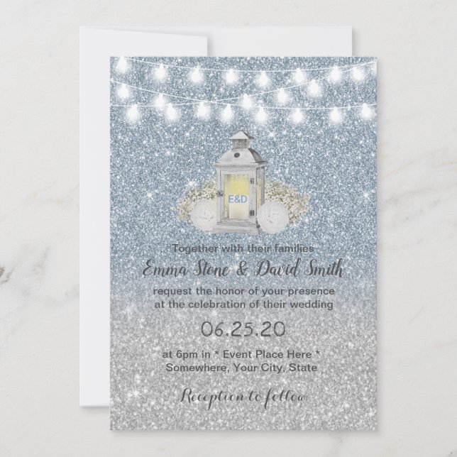 Modern Dusty Blue Vintage Lantern Wedding Invitation (Front)