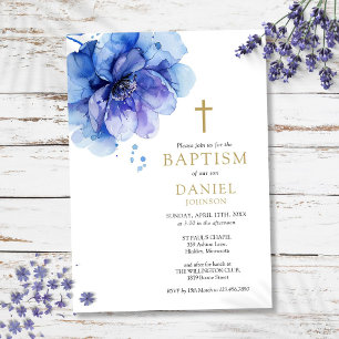 Modern Dusty Blue Watercolor Floral Baptism Invitation