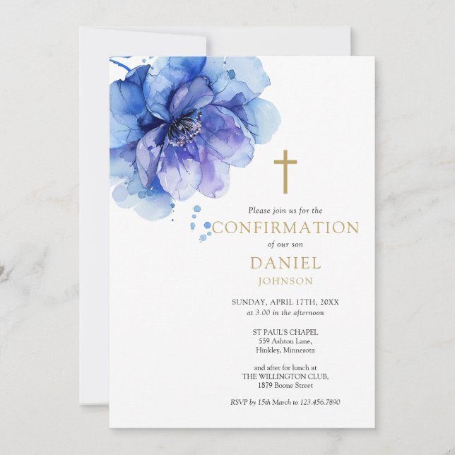 Modern Dusty Blue Watercolor Floral Confirmation Invitation (Front)