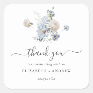 Modern Dusty Blue Watercolor Floral Wedding Square Sticker