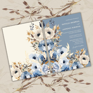 Modern Dusty Blue Watercolor Floral Winter Wedding Invitation