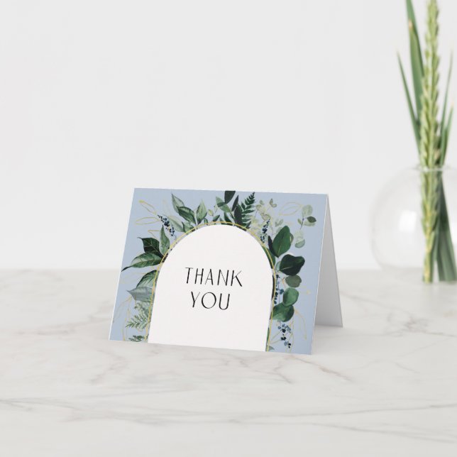 Modern Dusty Blue Watercolor Greenery botanical Thank You Card (Front)