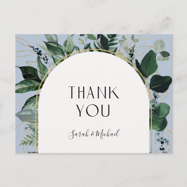 Modern Dusty BLue Watercolor Greenery Thank You Postcard (Front)