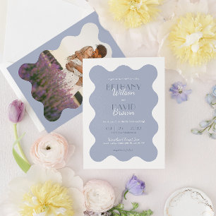 Modern Dusty Blue Wave Scallop Photo Wedding Invitation
