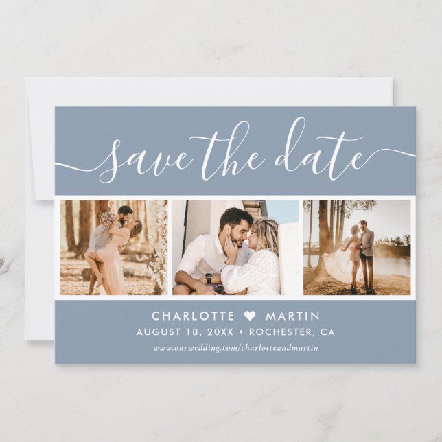 Modern Dusty Blue Wedding 4 Photo Save The Date (Front)