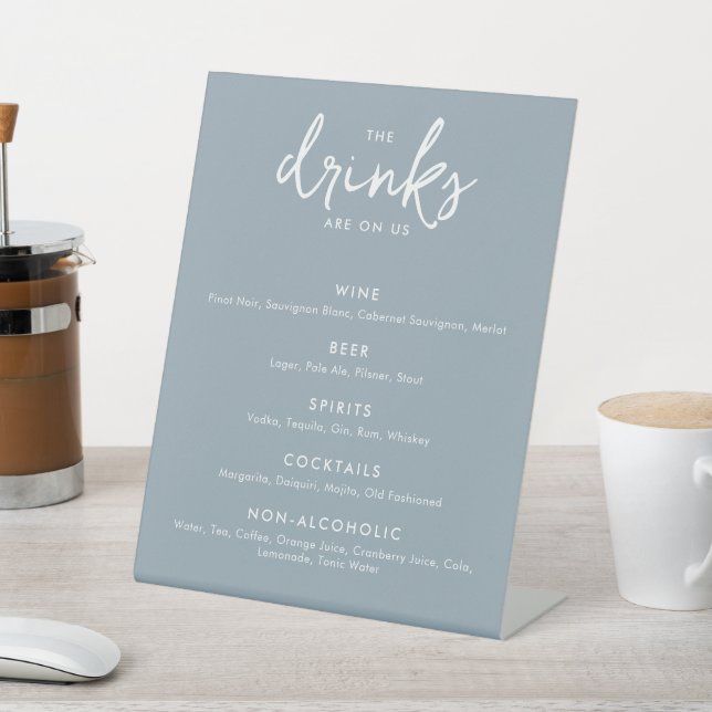 Modern Dusty Blue Wedding Bar Menu Pedestal Sign (In SItu)