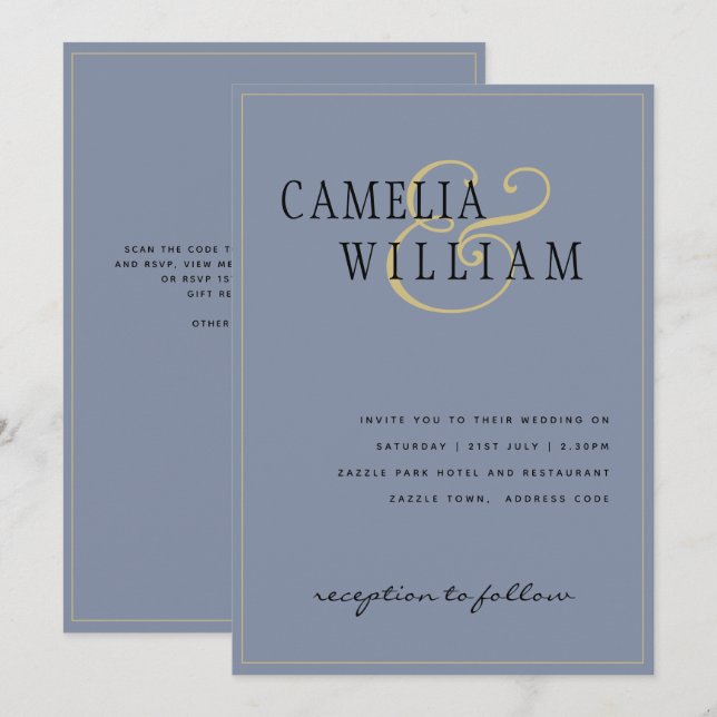 Modern Dusty Blue Wedding Invitation Gold (Front/Back)