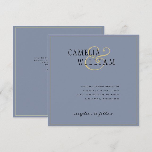 Modern Dusty Blue Wedding Invitation Gold (Front/Back)
