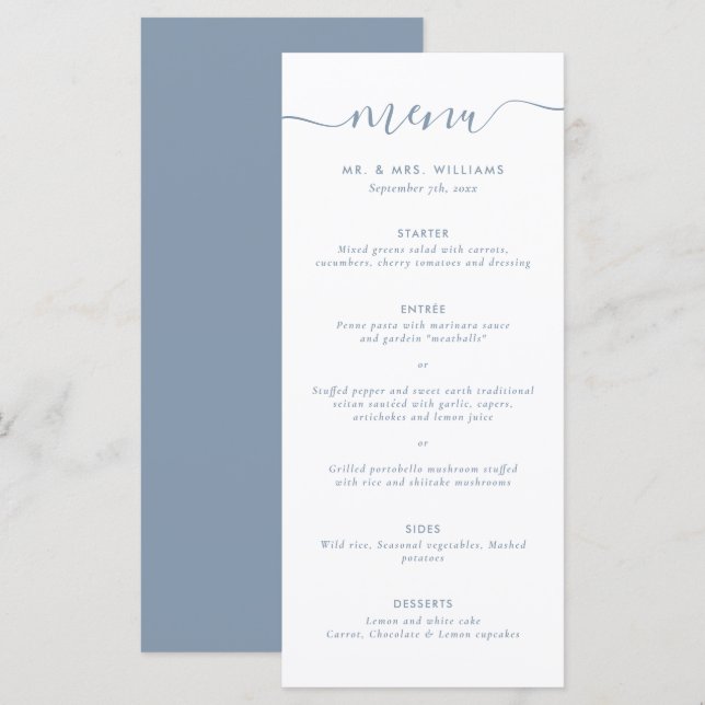 Modern Dusty Blue Wedding Menu (Front/Back)