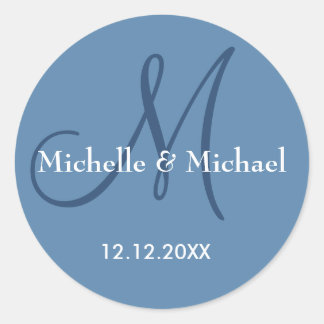 Modern Dusty Blue Wedding Monogram Name Classic Round Sticker