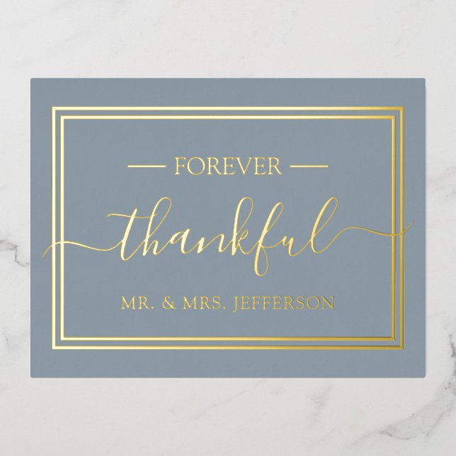 Modern Dusty Blue Wedding Mr. & Mrs. Thank You Foil Invitation Postcard (Front)