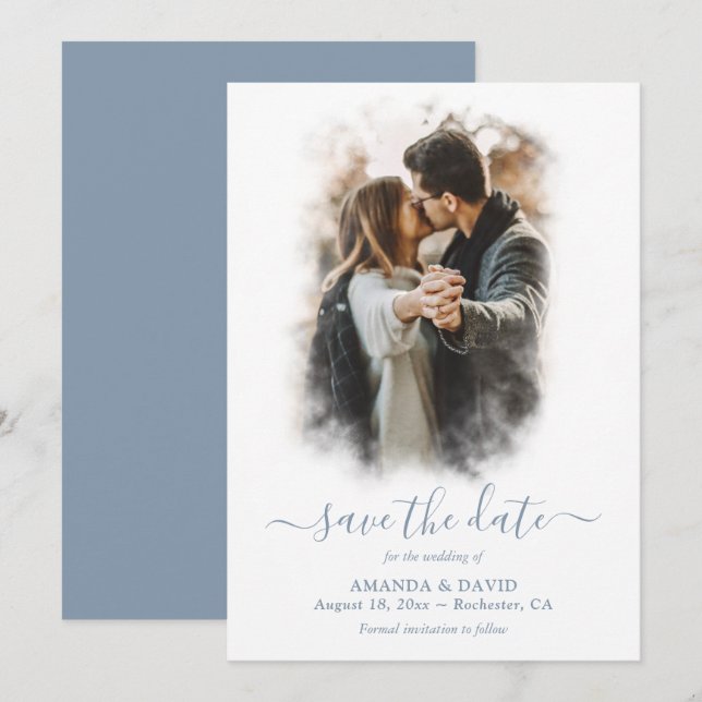 Modern Dusty Blue Wedding Photo Save The Date (Front/Back)