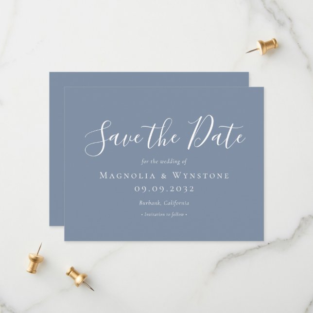 Modern Dusty Blue Wedding Save The Date (Front/Back In Situ)