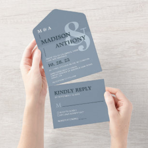 Modern Dusty Blue Whimsical Ampersand Wedding All In One Invitation