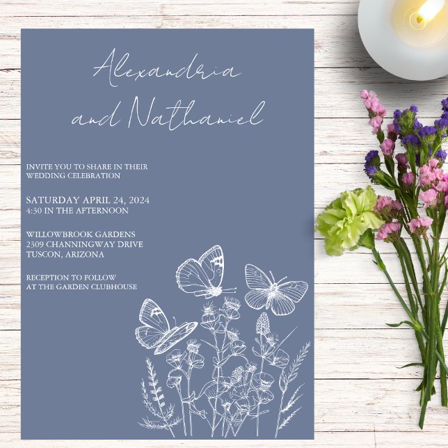 Modern Dusty Blue & White Butterfly Wedding  Invitation (Creator Uploaded)