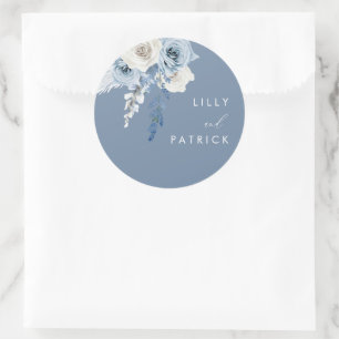 Modern Dusty Blue & White Floral Wedding Classic Round Sticker