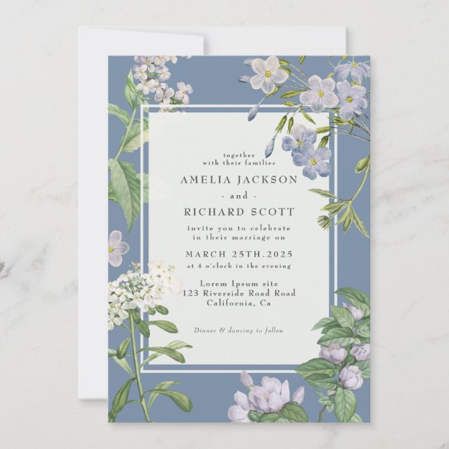 Modern Dusty Blue & White floral wedding Invitation (Front)