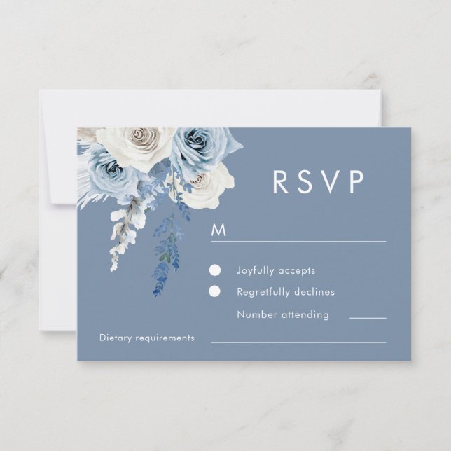 Modern Dusty Blue & White Floral Wedding RSVP Card (Front)