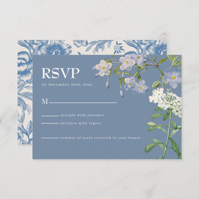 Modern Dusty Blue & White Floral Wedding RSVP Card (Front/Back)
