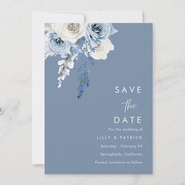 Modern Dusty Blue & White Floral Wedding Save The Date (Front)