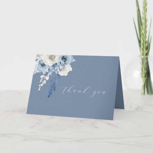 Modern Dusty Blue & White Floral Wedding Thank You Card (Front)