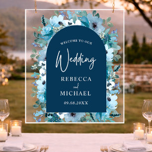 modern dusty blue white floral wedding welcome  acrylic sign