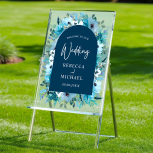 modern dusty blue white floral wedding welcome  acrylic sign