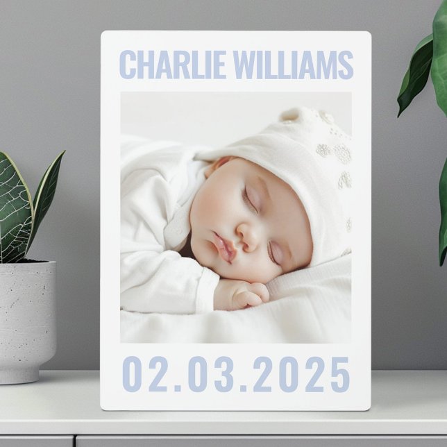 Modern dusty blue white new baby name date photo  plaque (Modern dusty blue white new baby name date photo plaque)