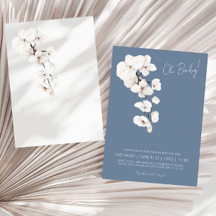 Modern Dusty Blue White Orchid Baby Shower Invitation