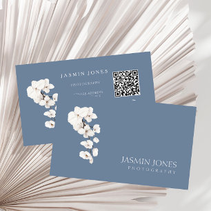 Modern Dusty Blue White Orchid QR Code Floral Business Card